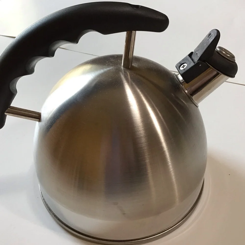 Tea Kettle 2.5 Qt Stainless Steel Whistling Stovetop Kitchen Black Silvertone